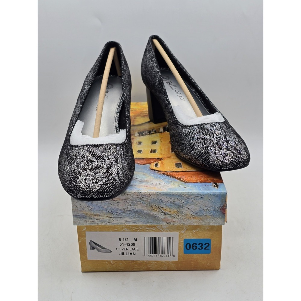Bella Vita Women's Jillian Block Heel Square Toe Pumps Silver Black Lace Sz 8.5M